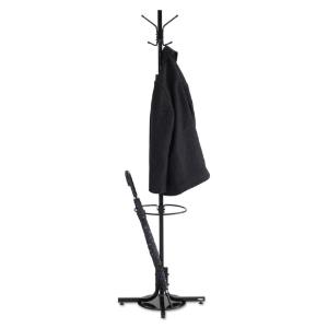 Safco costumer w/umbrella holder, four ball-tipped double-hooks, metal, black