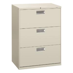 Hon 600 series three-drawer lateral file, light gray