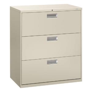 Hon 600 series three-drawer lateral file, light gray