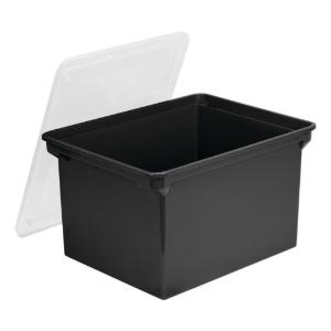 Storex plastic file tote, letter/legal size, snap-on lid, black