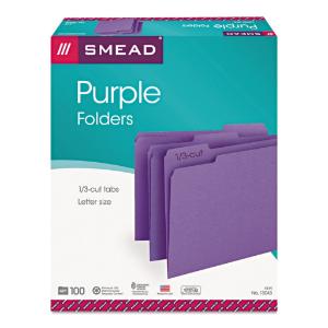 Smead file folders, top tab, letter, purple, 100/box