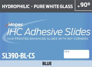 Microscope slides, superwhite glass, hydrophillic, 90 corners, blue, case of 1440