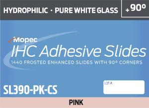 Microscope slides, superwhite glass, hydrophillic, 90 corners, pink, case of 1440