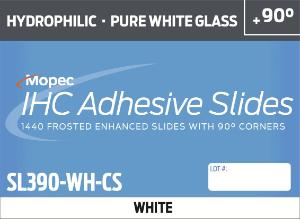 Microscope slides, superwhite glass, hydrophillic, 90 corners, white, case of 1440