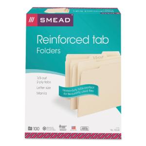 Smead file folders, reinforced top tab, letter, manila, 100/box