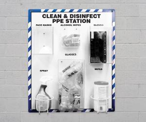Workplace hygiene supply station board, clean and disinfect PPE station