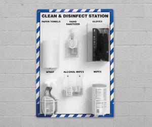 Workplace hygiene supply station board, clean and disinfect station