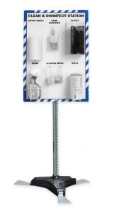 Workplace hygiene supply station board with stand, clean and disinfect station