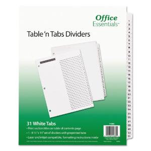 Avery office essentials table n tabs dividers, 1-31, letter, white, 1 set