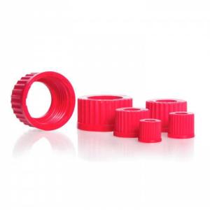 Open topped screw cap, with central aperture, pbt, red