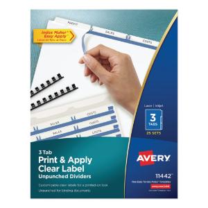 Avery index maker clear label unpunched divider, three-tab, letter, white, 25 sets