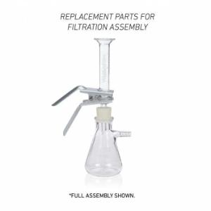Filtration assemblies with stopper connection and stainless steel support replacement part