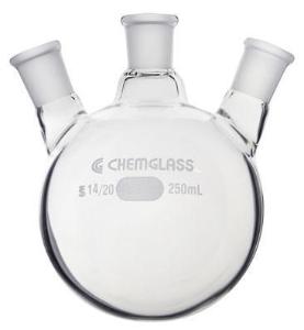Round-Bottom Boiling Flasks with Three Angled Necks, Heavy Wall, Chemglass