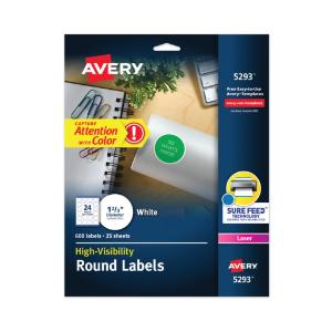 Avery high-visibility round laser labels, white, 600/pack
