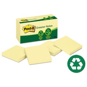 Post-it recycled notes, 3×3, canary yellow, 12 100-sheet pads/pack