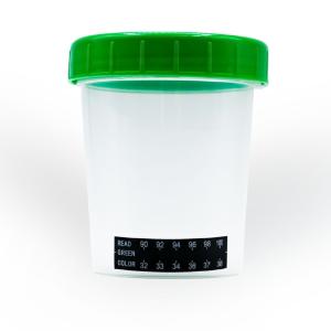 Rapid response specimen collection cup with temperature strip