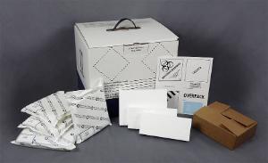 Sample transport shipper 10, with compliant labels, payload box, colds packs and spacers