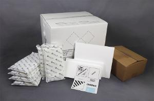 Sample transport summer shipper 45, with compliant labels, payload box, colds packs and spacers
