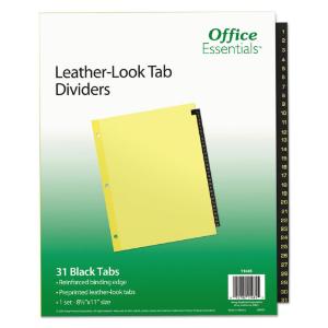 Printed leather tab index dividers, 31-tab, 1-31, black