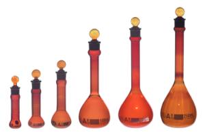 SP Wilmad-LabGlass Volumetric Heavy Duty/Wide Mouth Amber Flasks with Stopper, Class A, SP Industries