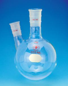 Round-Bottom Two-Neck Flasks, Angled Side Neck, Ace Glass