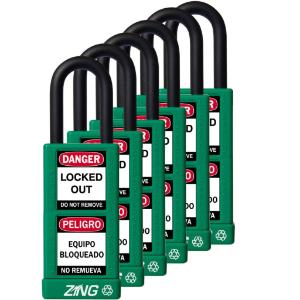 ZING Green Safety RecycLock Safety Padlock, Keyed Alike,1-¹/₂" Shackle, 3" Long Body, 6 Pack, ZING Enterprises