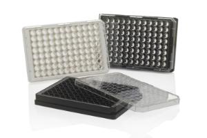 Plate 96F, coverglass base, cell culture treated, high flange, lid, PS, black, ST