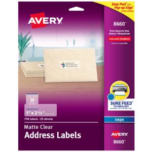 Inkjet mailing labels, clear, 750/pack