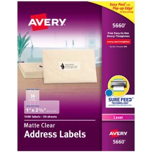 Laser mailing labels, clear, 1500/box