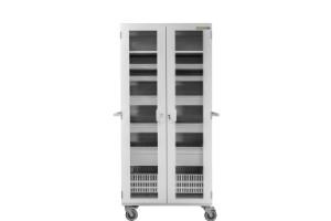 Two bay large storage cart with center column with shelves and electronic lock