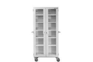Two bay large storage cart with  center column with shelves and electronic lock
