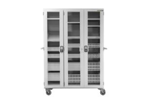 Three bay large storage cart with two center column with trays with electronic lock