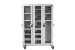 Three bay large storage cart with two center column with trays with electronic lock