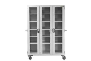 Three bay large storage cart with one center column with shelves with electronic lock